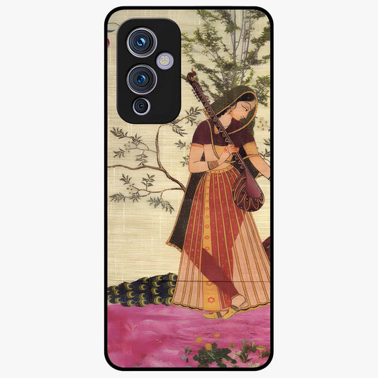 Lady With Veena Art Glass Case showing flat back view with elegant woman playing veena artwork and glossy glass finish.