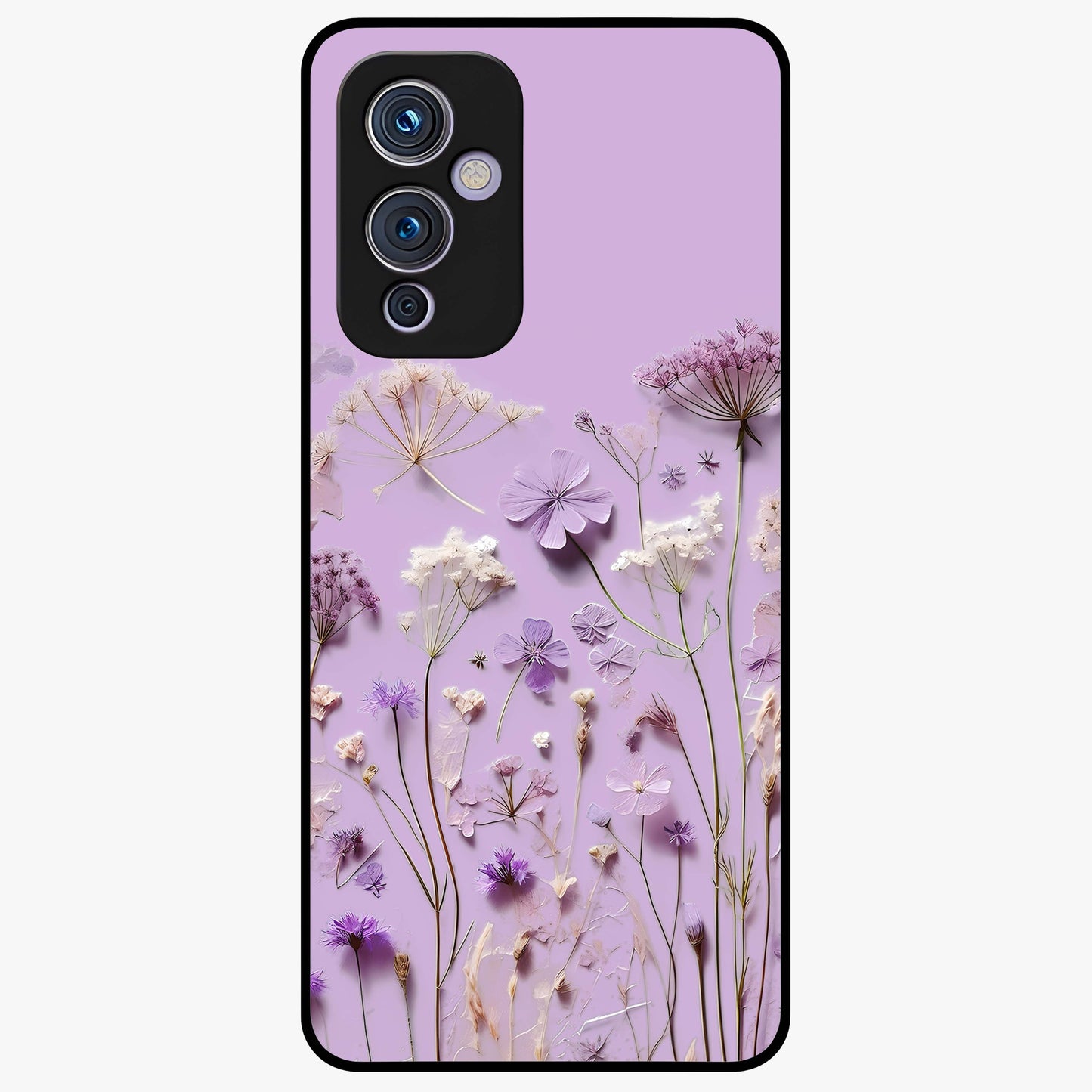 Lavender Blossom Dream Glass Case showing flat back view with soft lavender floral artwork and glossy glass finish.