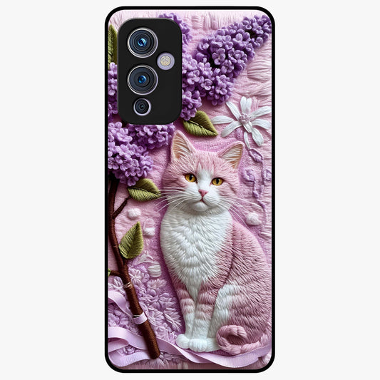 Lavender Cat Whimsy Glass Case showing flat back view with cute lavender cat artwork and glossy glass finish.