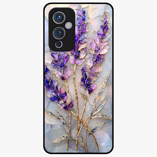 Lavender Dream Glow Glass Case showing flat back view with glowing lavender aesthetic artwork and glossy glass finish.