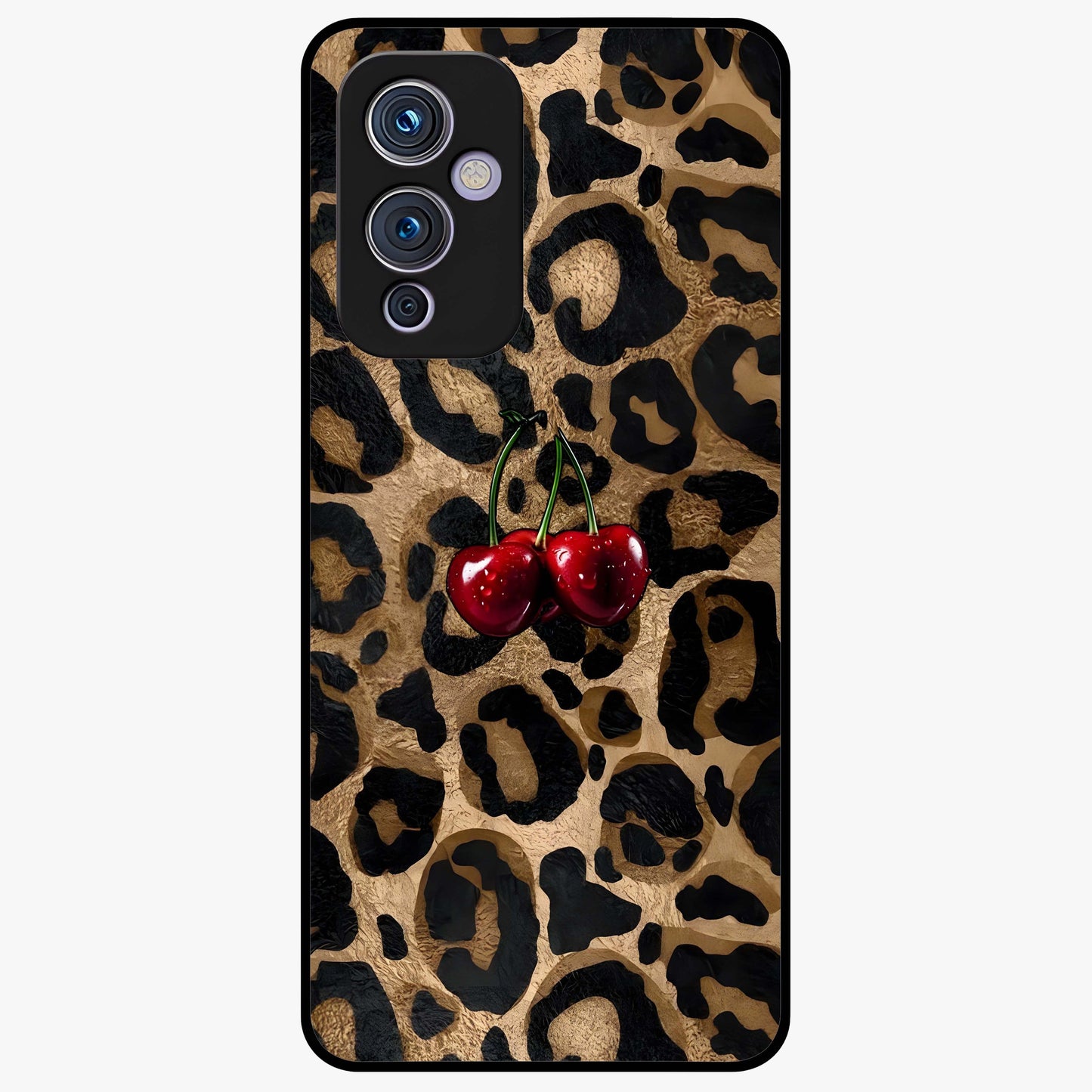 Leopard Wild Cherry Glass Case showing flat back view with leopard pattern and cherry artwork and glossy glass finish.