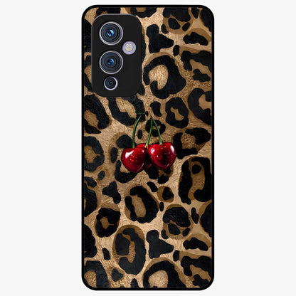 Leopard Wild Cherry Glass Case showing flat back view with leopard pattern and cherry artwork and glossy glass finish.