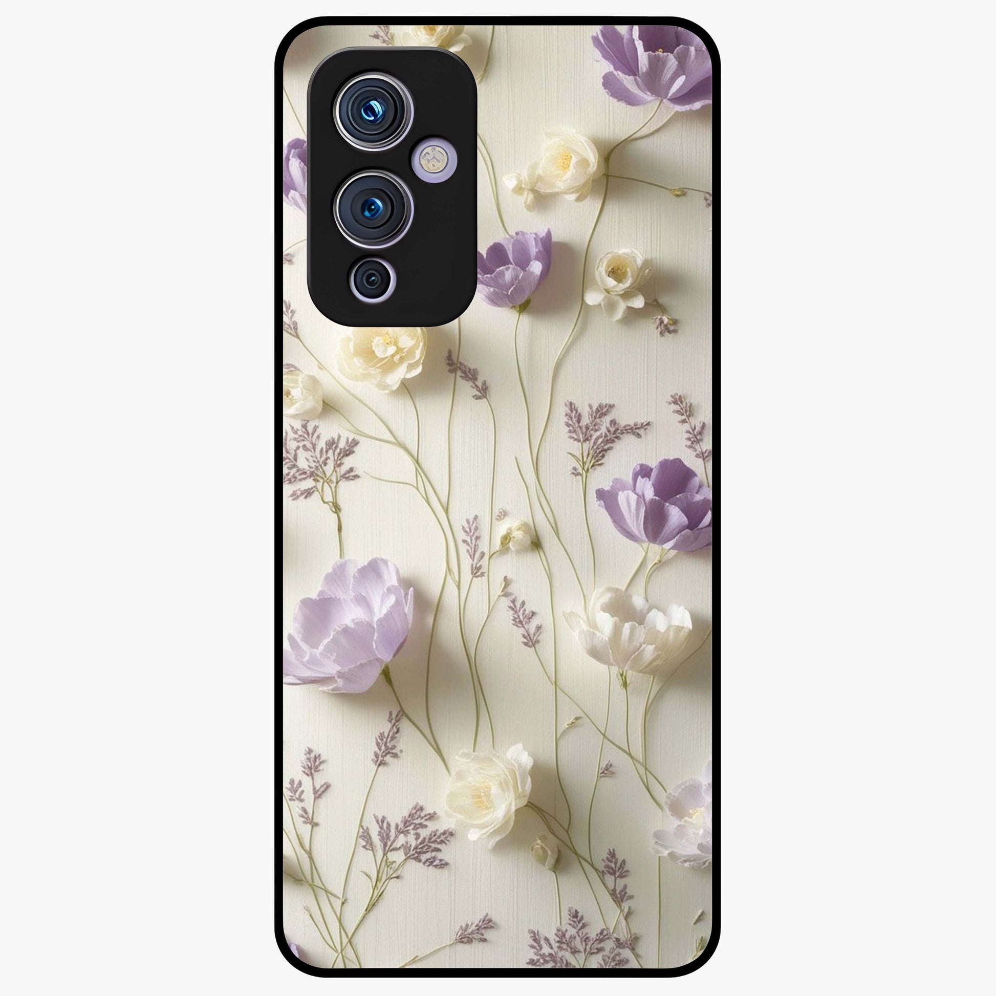 Lilac Breeze Harmony Glass Case showing flat back view with soft lilac themed artwork and glossy glass finish.