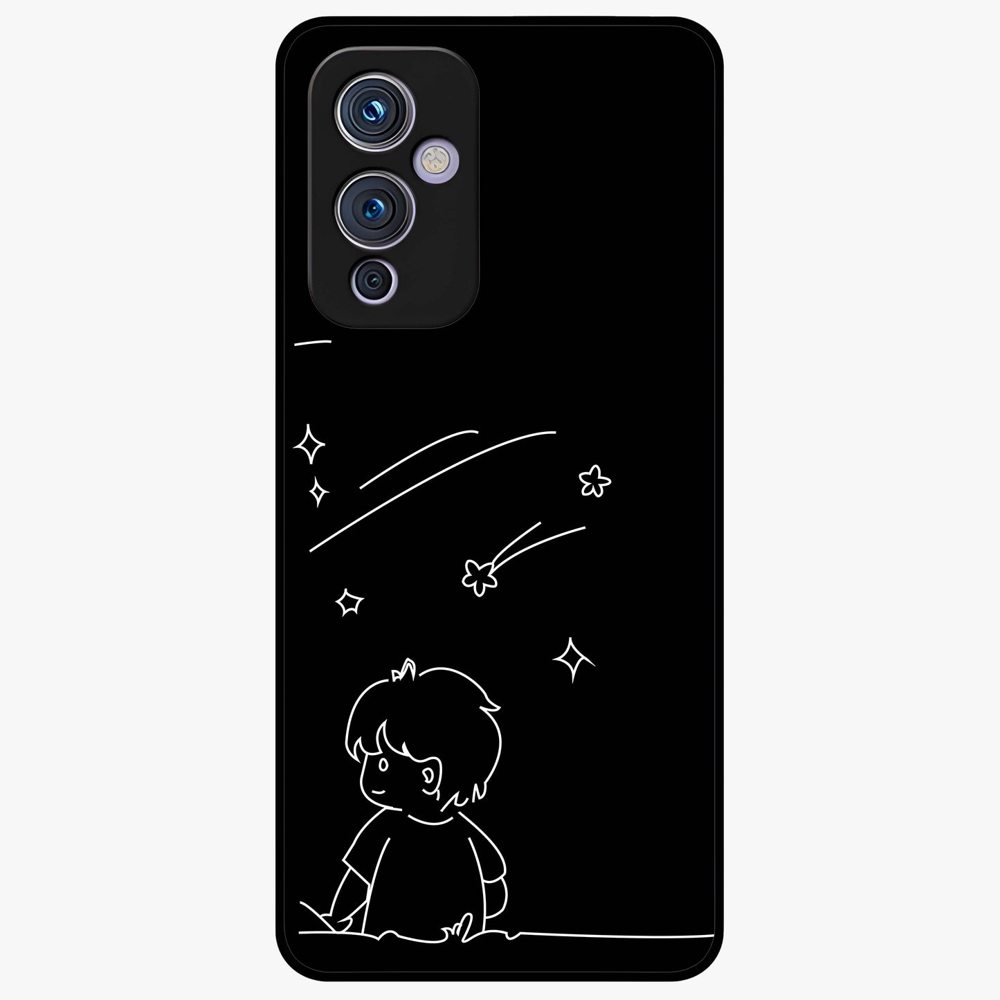 Line Art Boy With Shooting Stars Glass Case showing flat back view with minimal line art boy and shooting stars illustration and glossy glass finish.