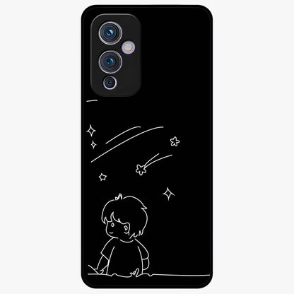 Line Art Boy With Shooting Stars Glass Case showing flat back view with minimal line art boy and shooting stars illustration and glossy glass finish.