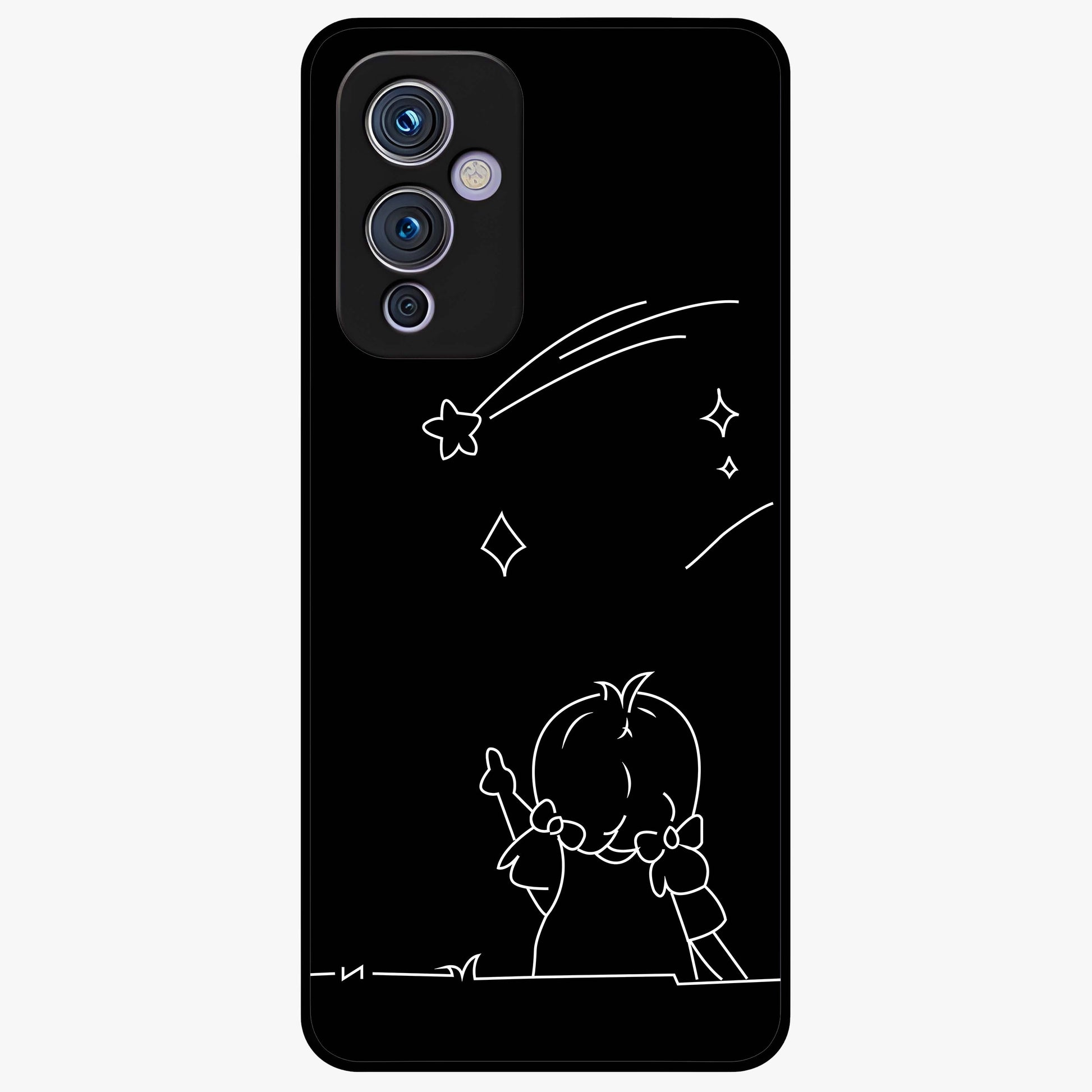 Line Art Girl With Shooting Stars Glass Case showing flat back view with minimal line art girl and shooting stars illustration and glossy glass finish.