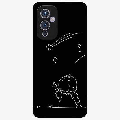 Line Art Girl With Shooting Stars Glass Case showing flat back view with minimal line art girl and shooting stars illustration and glossy glass finish.