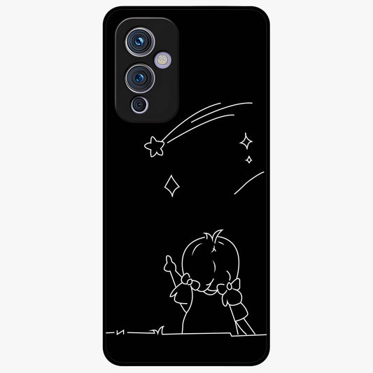 Line Art Girl With Shooting Stars Glass Case showing flat back view with minimal line art girl and shooting stars illustration and glossy glass finish.