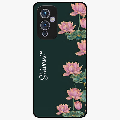 Lotus Bloom Serenity Custom Name Glass Case showing flat back view with elegant lotus flower artwork and personalized name design.