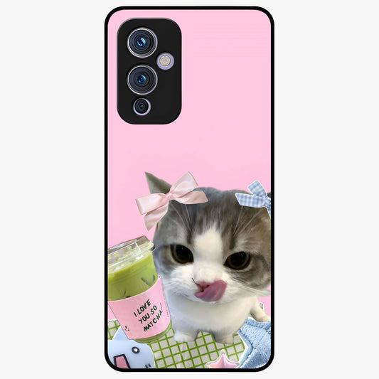 Love Matcha Cat Glass Case showing flat back view with cute cat and matcha themed artwork and glossy glass finish.