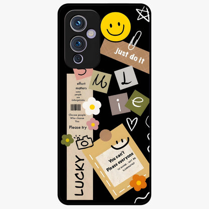 Lucky Aesthetic Collage Glass Case showing flat back view with trendy aesthetic collage artwork and glossy glass finish.