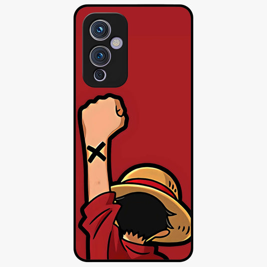 Luffy X Spirit Glass Case showing flat back view with bold anime character artwork and glossy glass finish.