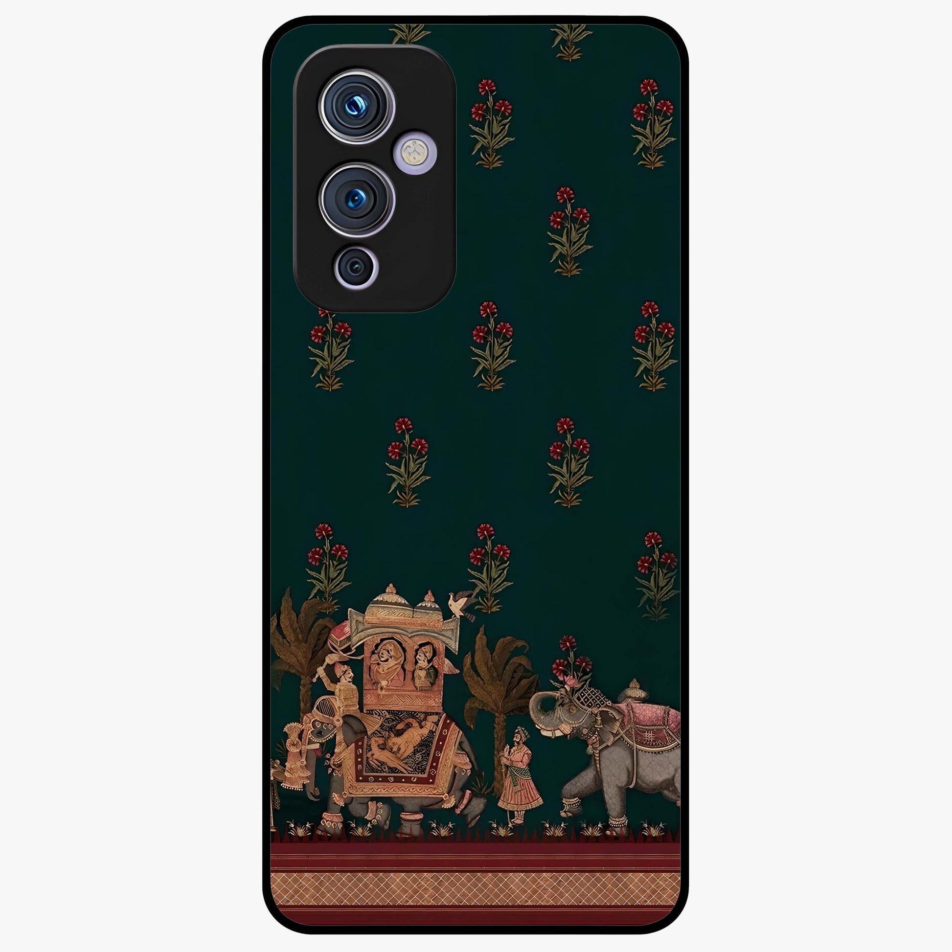 Macmerise Glass Case showing flat back view with stylish modern artwork and glossy glass finish.
