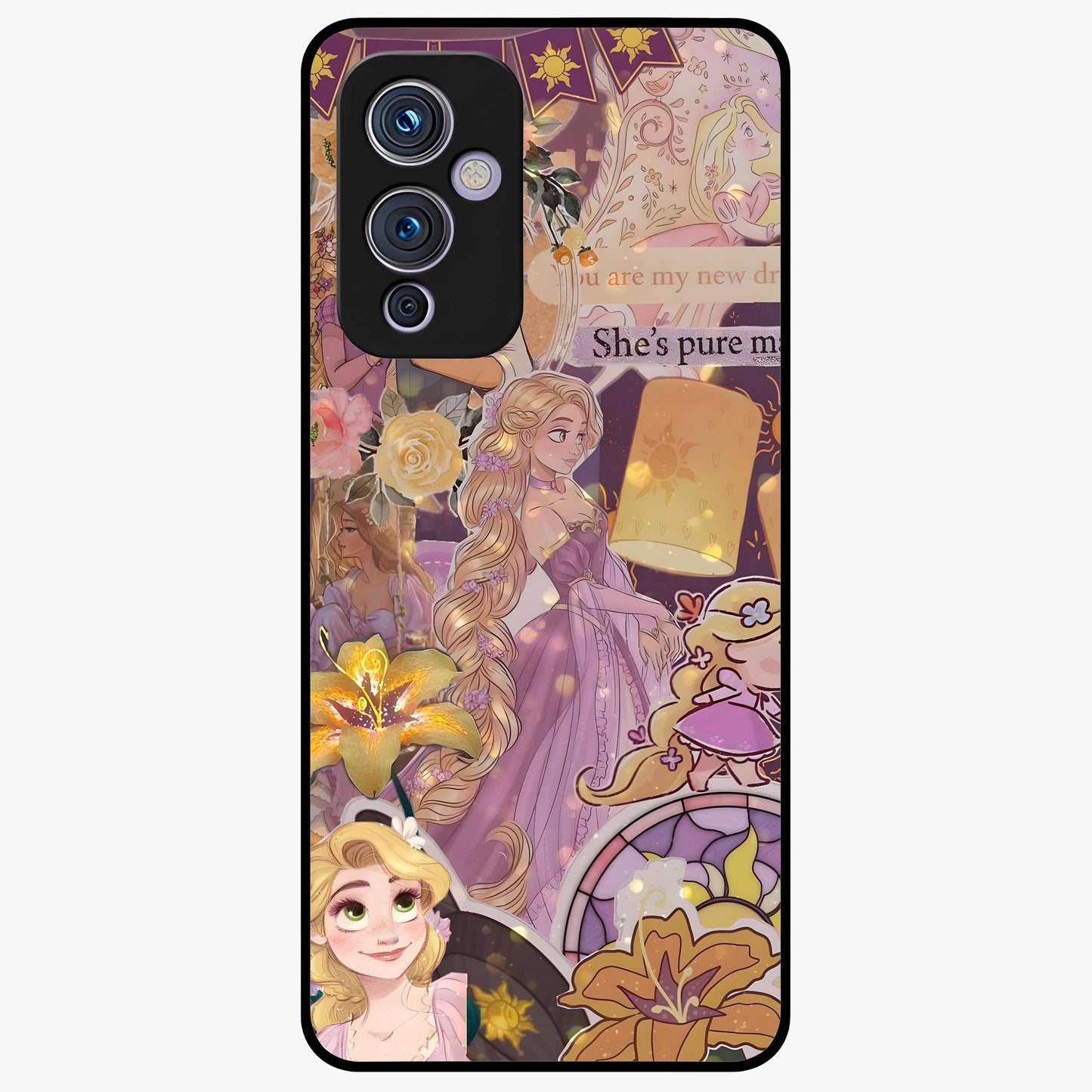 Magical Tangled Dream Glass Case showing flat back view with dreamy tangled artwork and glossy glass finish.