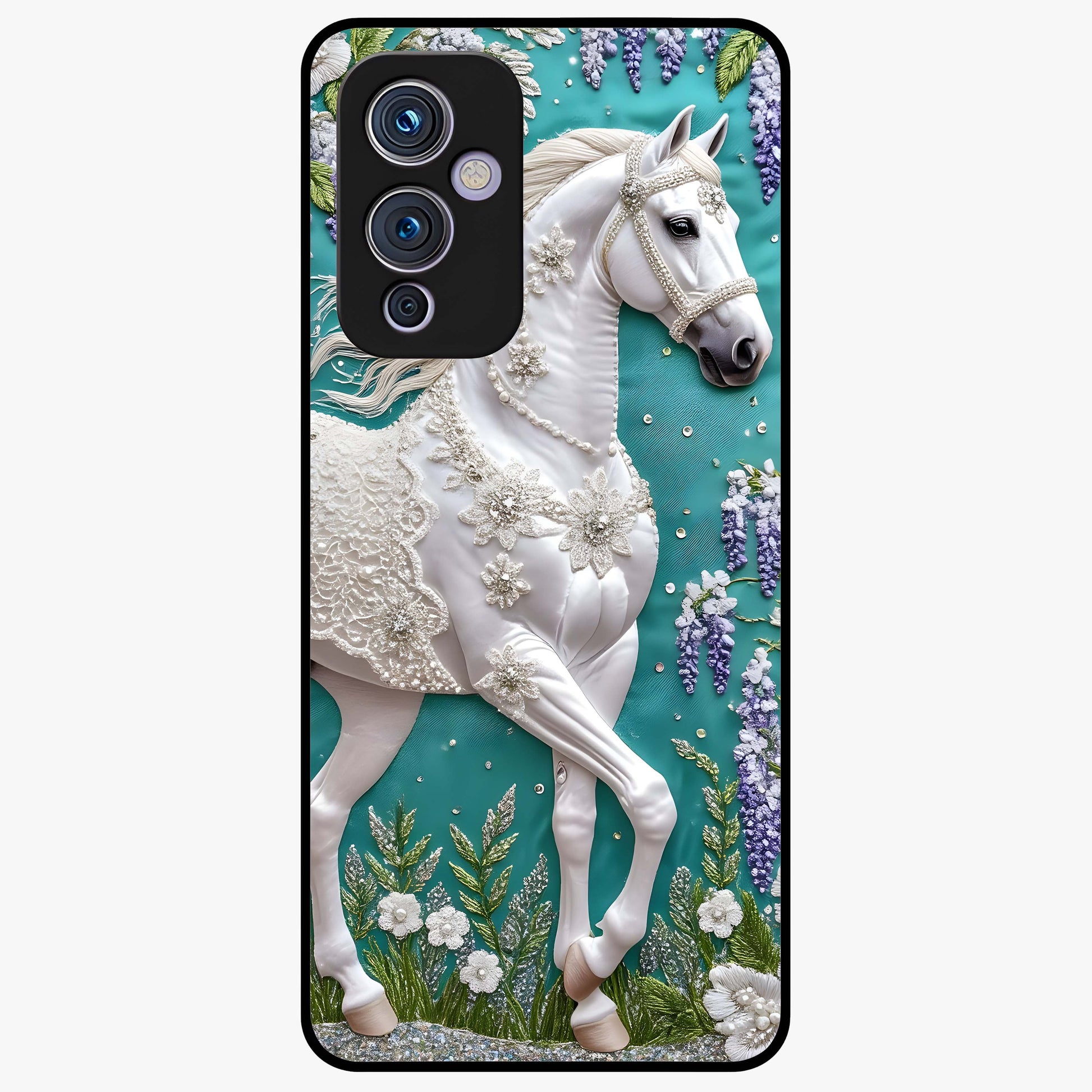 Majestic Floral Stallion Glass Case showing flat back view with powerful horse and floral artwork and glossy glass finish.