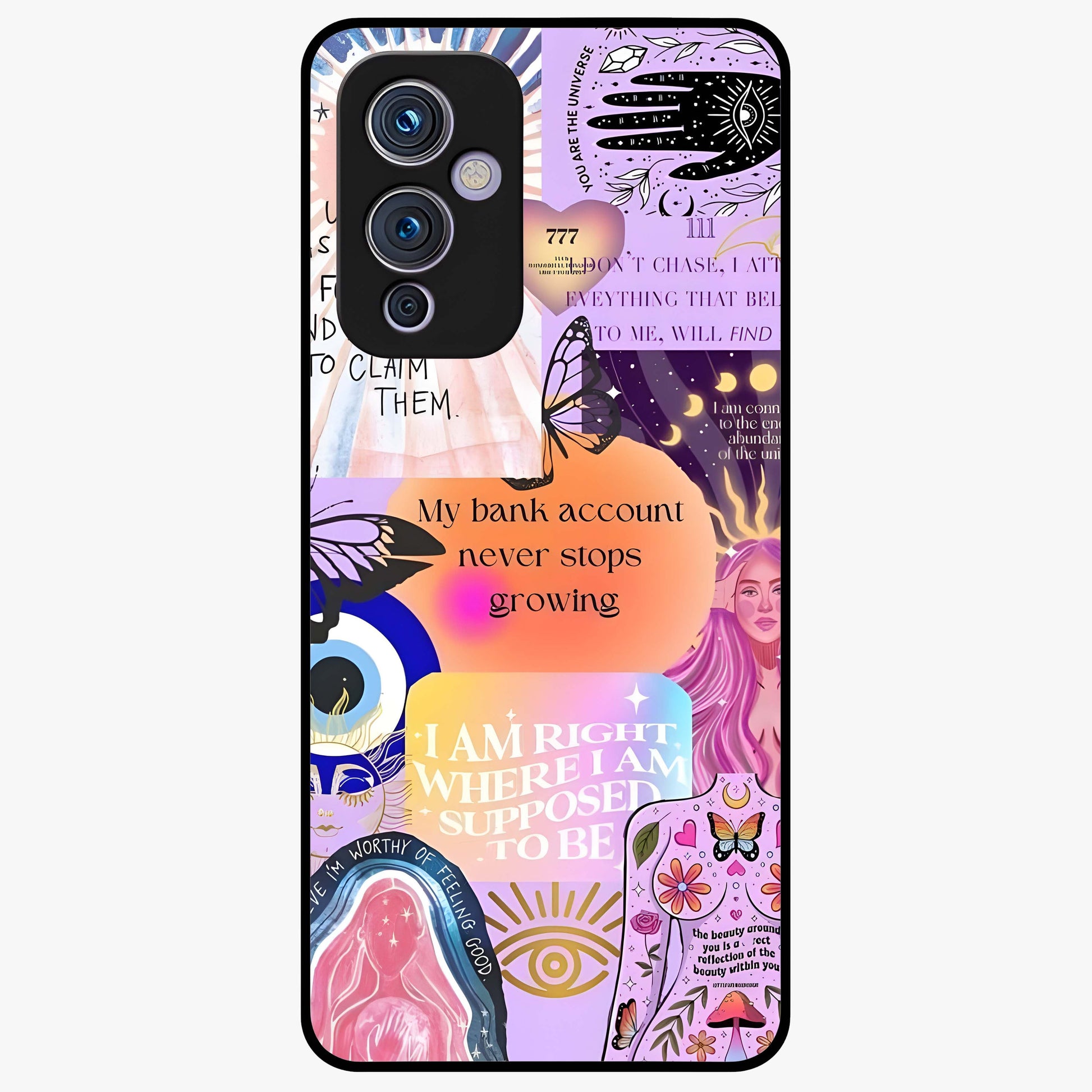Manifestation Collage Glass Case showing flat back view with motivational collage artwork and glossy glass finish.