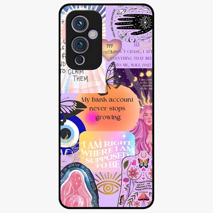 Manifestation Collage Glass Case showing flat back view with motivational collage artwork and glossy glass finish.