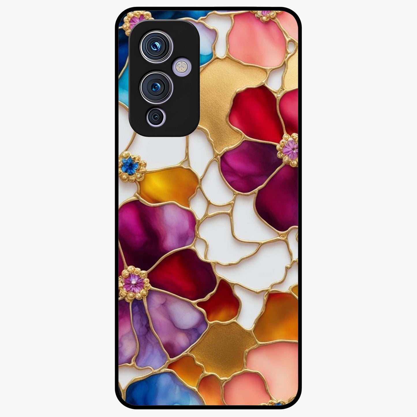 Marble Flower Pattern Glass Case showing flat back view with marble texture floral artwork and glossy glass finish.