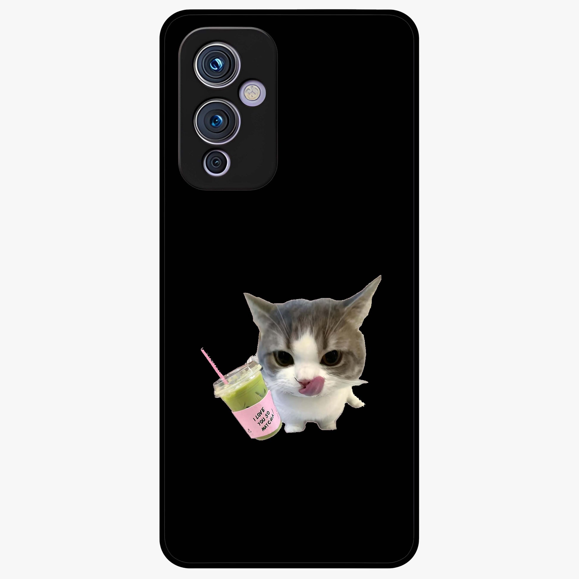 Matcha Cat Style Glass Case showing flat back view with cute matcha themed cat artwork and glossy glass finish.