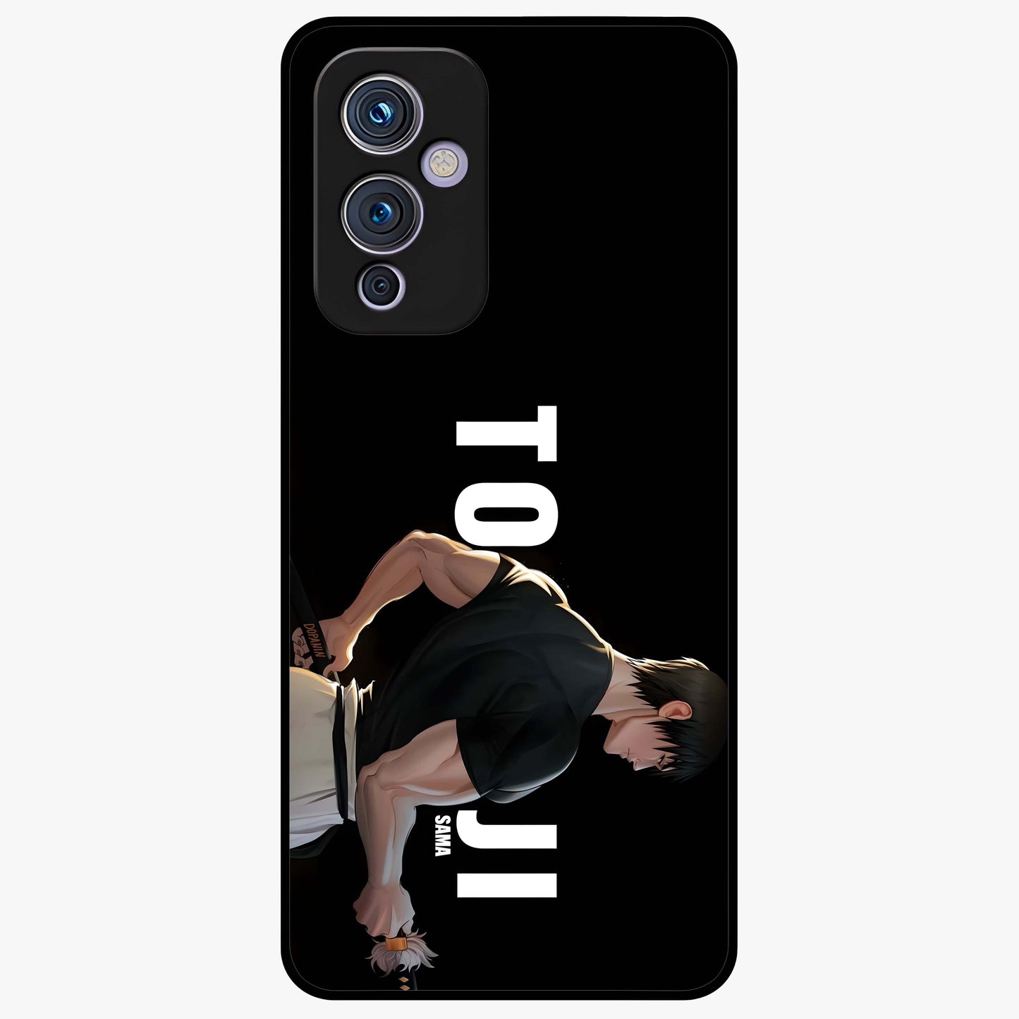 Midnight Blade Resolve Glass Case showing flat back view with dark warrior sword artwork and glossy glass finish.