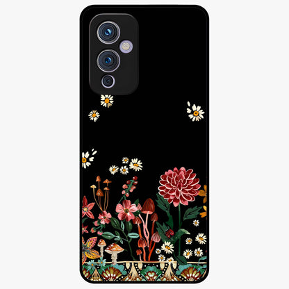 Midnight Bloom Pattern Glass Case showing flat back view with dark floral pattern artwork and glossy glass finish.