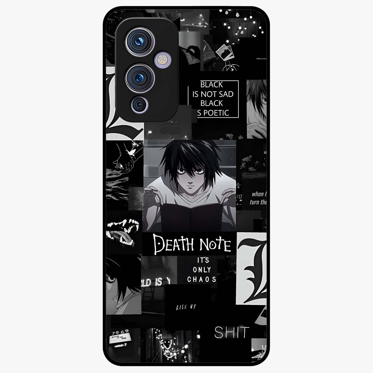 Midnight Chaos Mind Glass Case showing flat back view with abstract dark themed artwork and glossy glass finish.