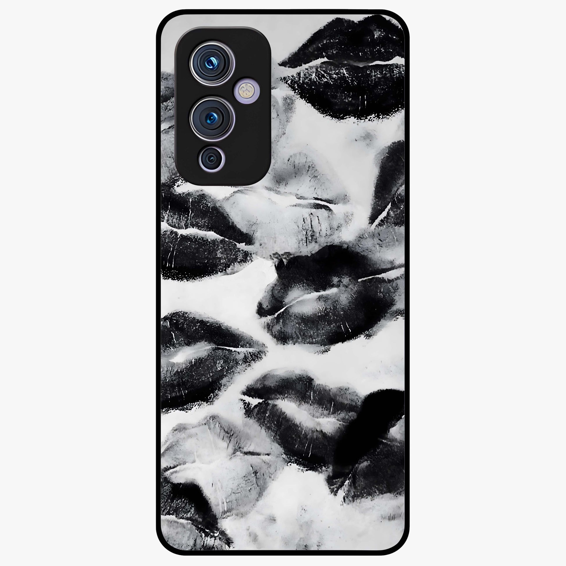 Midnight Kiss Marks Glass Case showing flat back view with lipstick kiss mark artwork and glossy glass finish.
