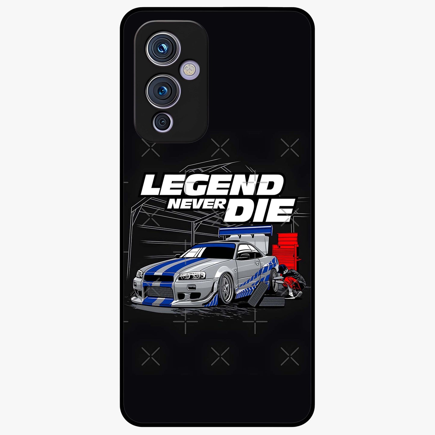 Midnight Racing Legacy Glass Case showing flat back view with sleek racing inspired artwork and glossy glass finish.