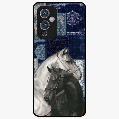 Midnight Stallion Blues Glass Case showing flat back view with majestic horse artwork and glossy glass finish.