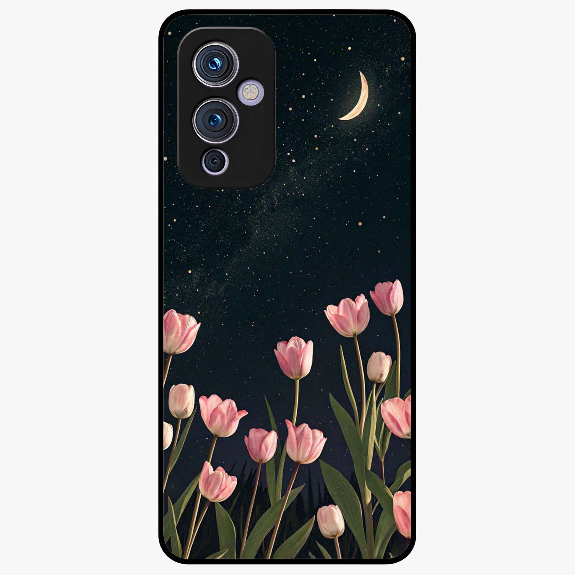 Midnight Tulip Whispers Vibe Glass Case showing flat back view with elegant tulip flower artwork and glossy glass finish.