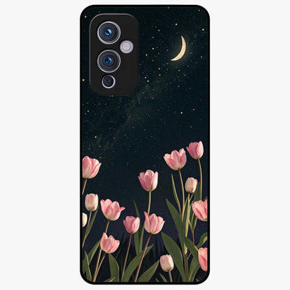 Midnight Tulip Whispers Vibe Glass Case showing flat back view with elegant tulip flower artwork and glossy glass finish.