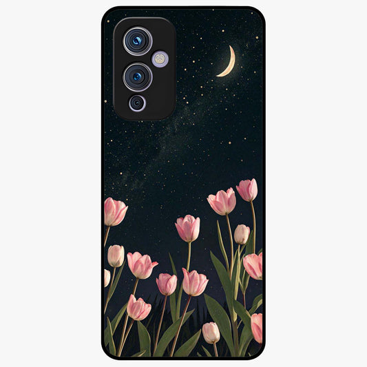 Midnight Tulip Whispers Vibe Glass Case showing flat back view with elegant tulip flower artwork and glossy glass finish.