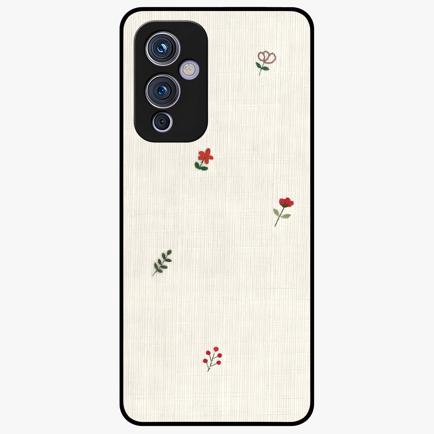 Minimal Petal Whispers Glass Case showing flat back view with soft minimal floral artwork and glossy glass finish.