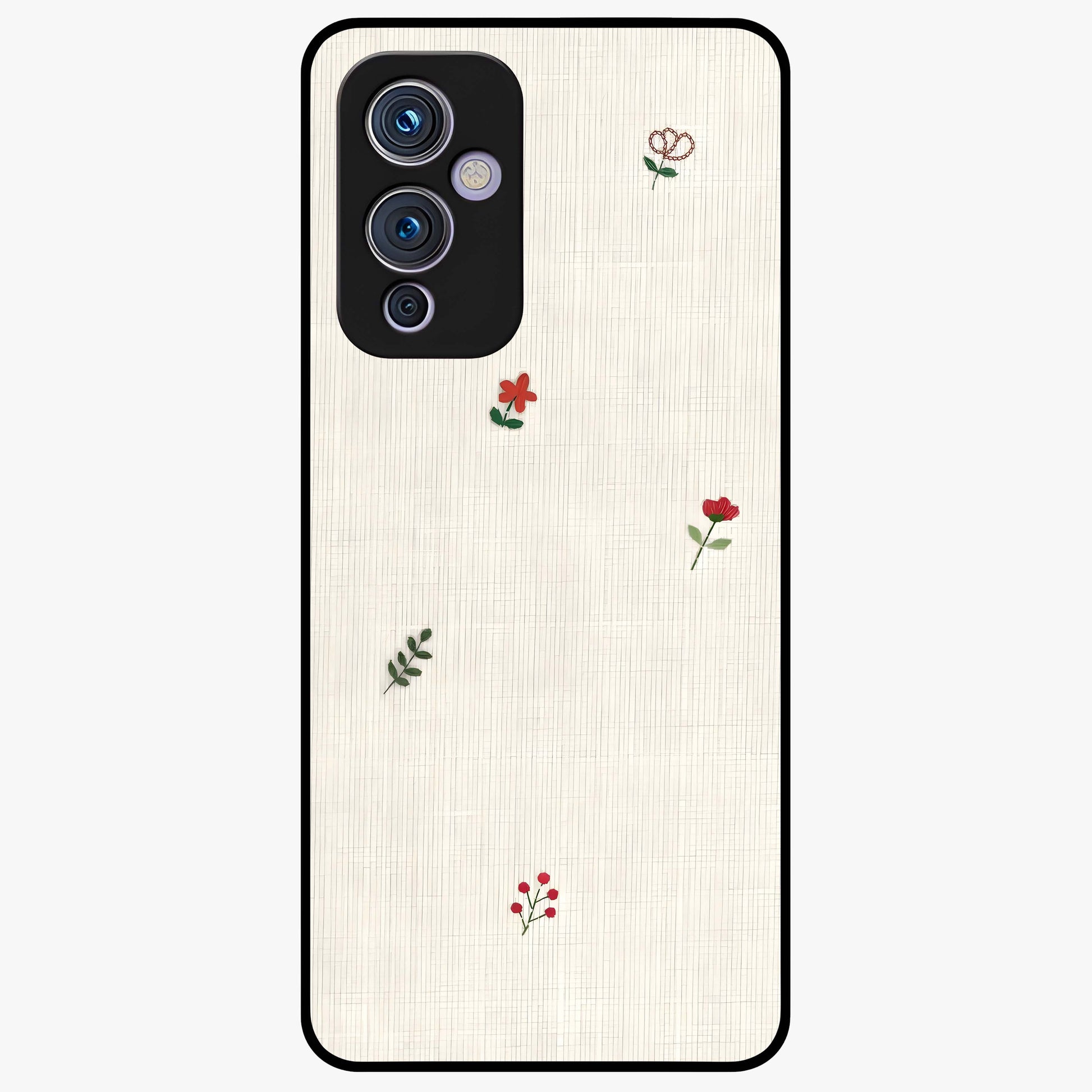 Minimal Petal Whispers Glass Case showing flat back view with soft minimal floral artwork and glossy glass finish.