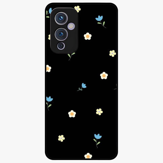 Minimalistic Blue With White Flower Pattern Glass Case showing flat back view with blue background and white flower pattern and glossy glass finish.