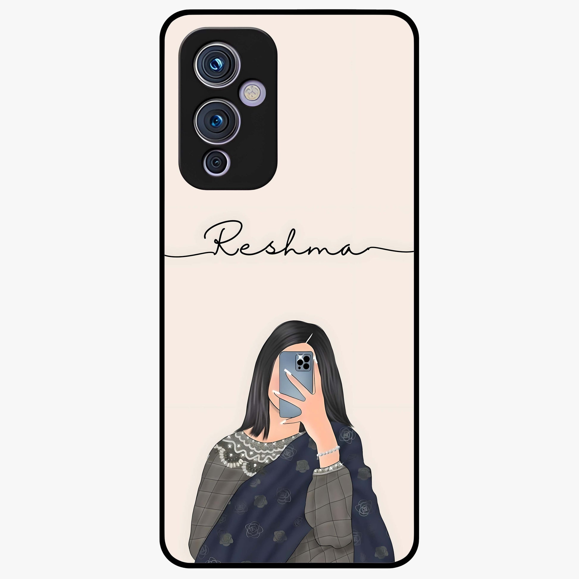 Mirror Mood Muse With Custom Name Glass Case showing flat back view with stylish mirrored artwork and personalized name design.