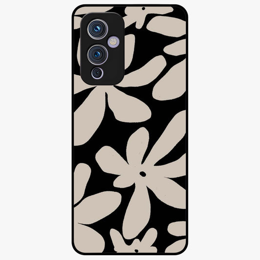 Monochrome Petal Dance Glass Case showing flat back view with monochrome floral artwork and glossy glass finish.