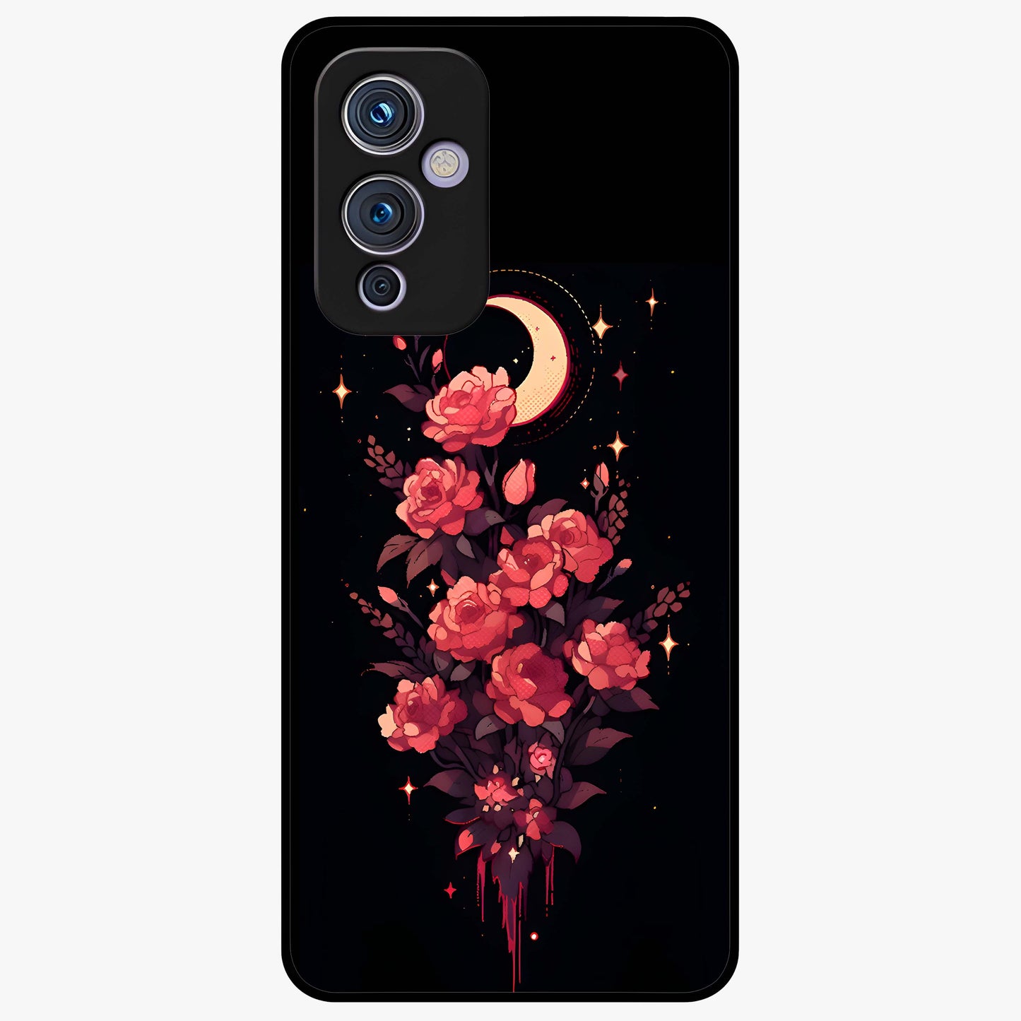 Moonlit Floral Elegance Glass Case showing flat back view with elegant floral artwork under moonlit tones and glossy glass finish.
