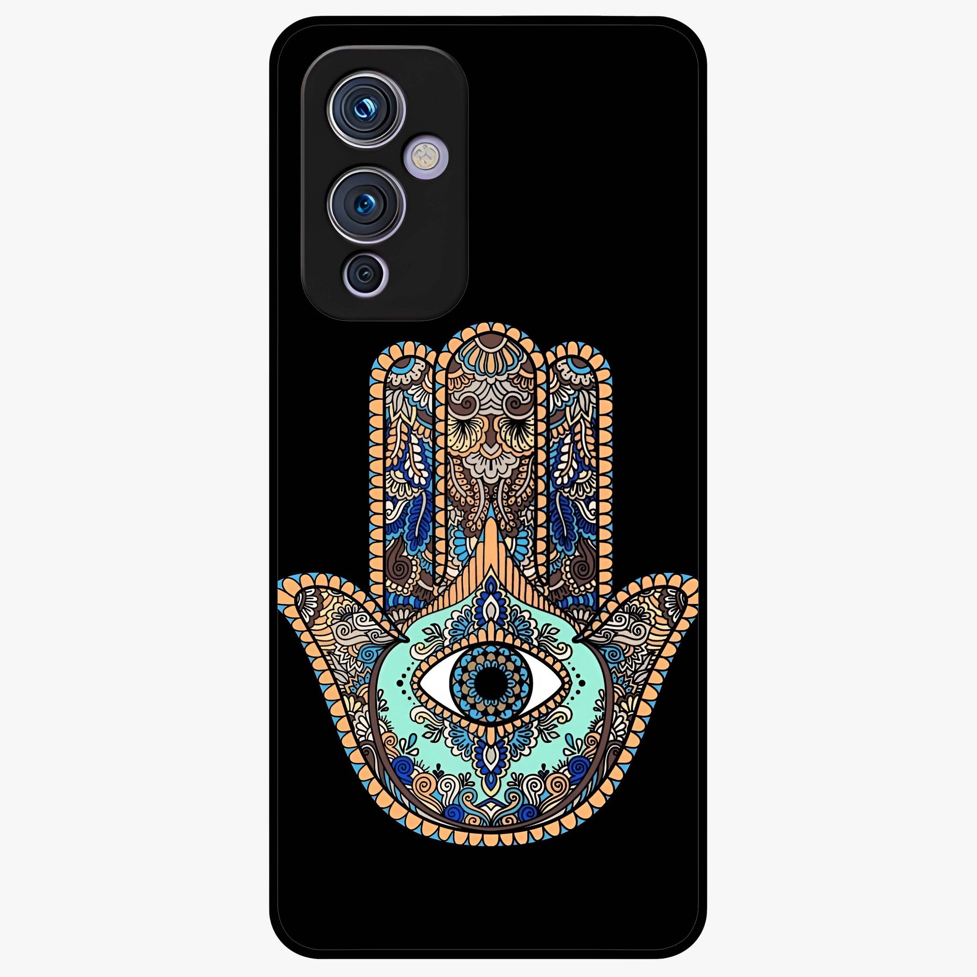 Mystic Hamsa Eye Glass Case showing flat back view with protective hamsa hand and evil eye artwork and glossy glass finish.