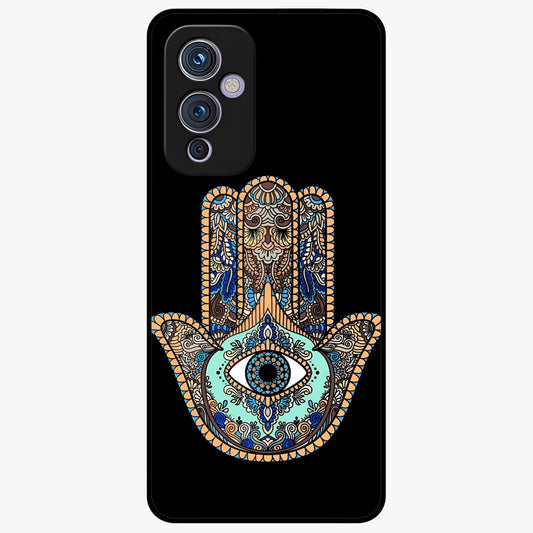 Mystic Hamsa Eye Glass Case showing flat back view with protective hamsa hand and evil eye artwork and glossy glass finish.