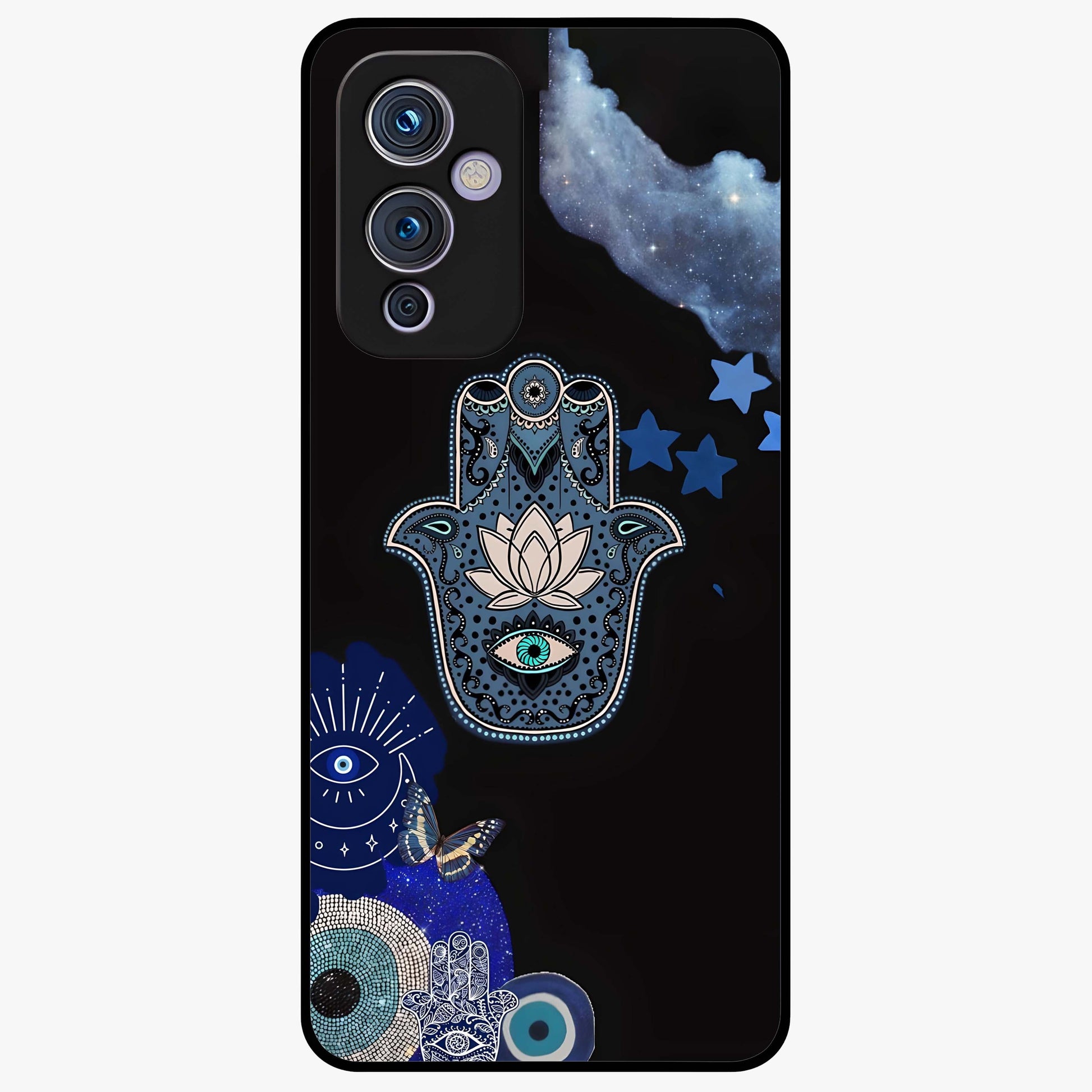 Mystic Hand Aura Glass Case showing flat back view with mystical hand symbol artwork and glossy glass finish.