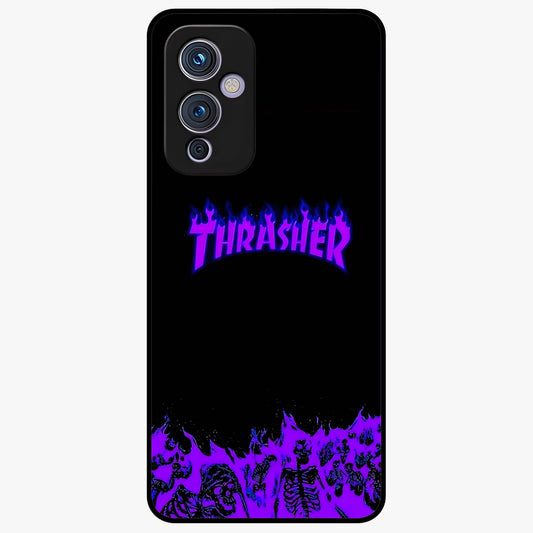 Neon Flame Riot Glass Case showing flat back view with neon flame artwork and glossy glass finish.