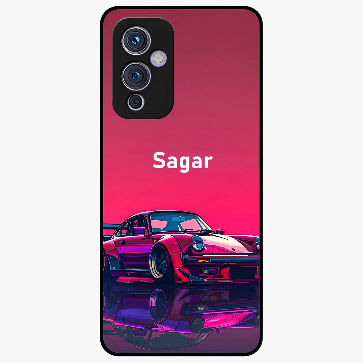 Neon Pink Porsche Glass Case showing flat back view with stylish sports car artwork and glossy glass finish.