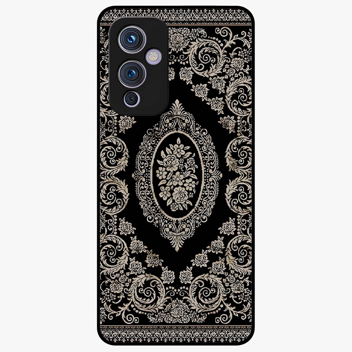 Noir Bloom Elegance Glass Case showing flat back view with elegant dark floral artwork and glossy glass finish.