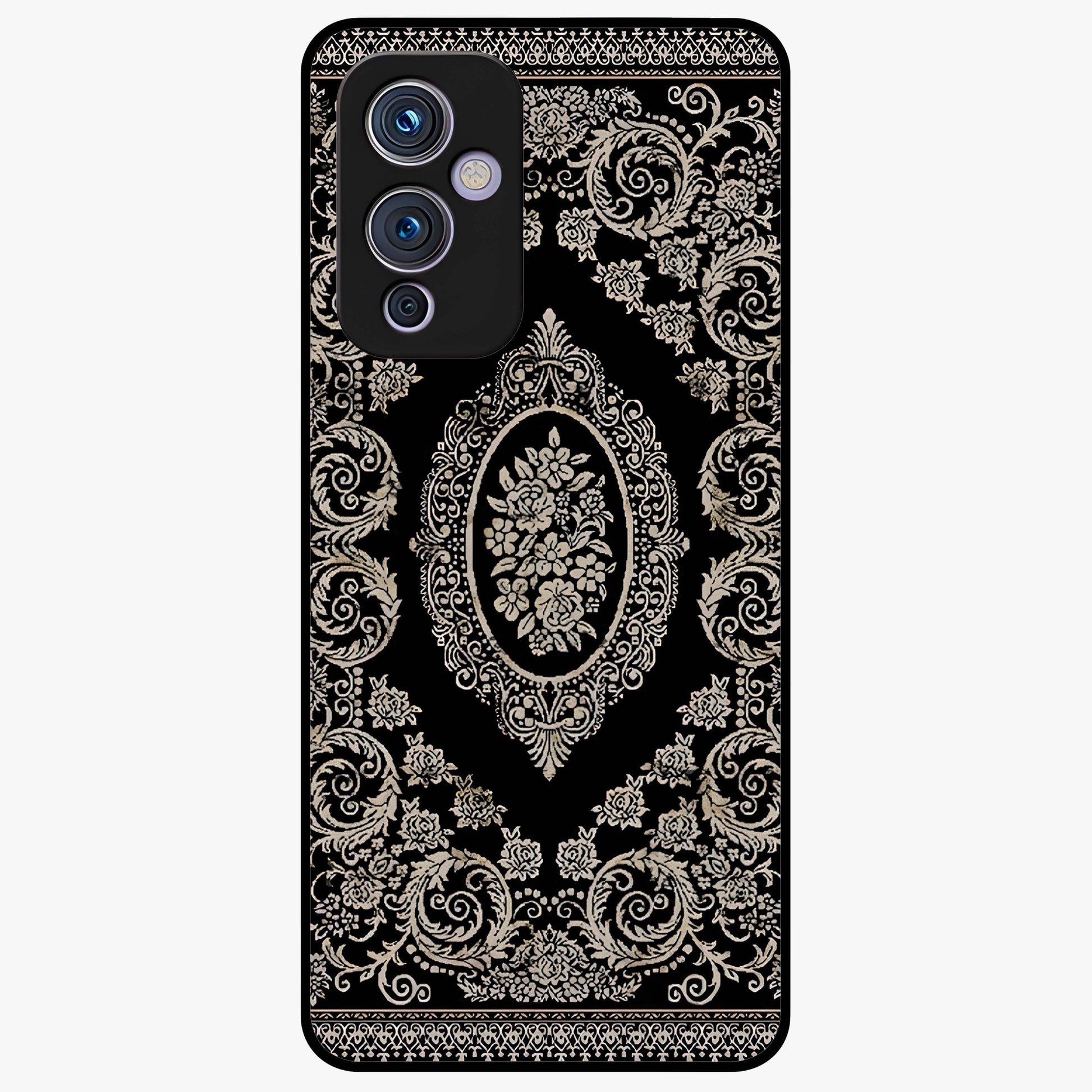 Noir Bloom Elegance Glass Case showing flat back view with elegant dark floral artwork and glossy glass finish.