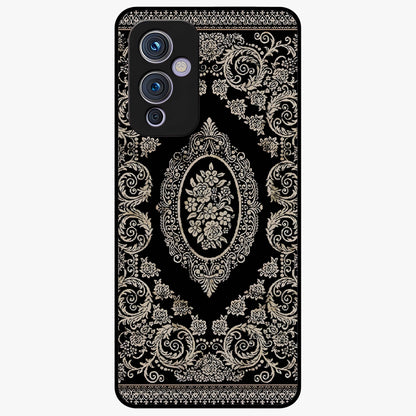 Noir Bloom Elegance Glass Case showing flat back view with elegant dark floral artwork and glossy glass finish.
