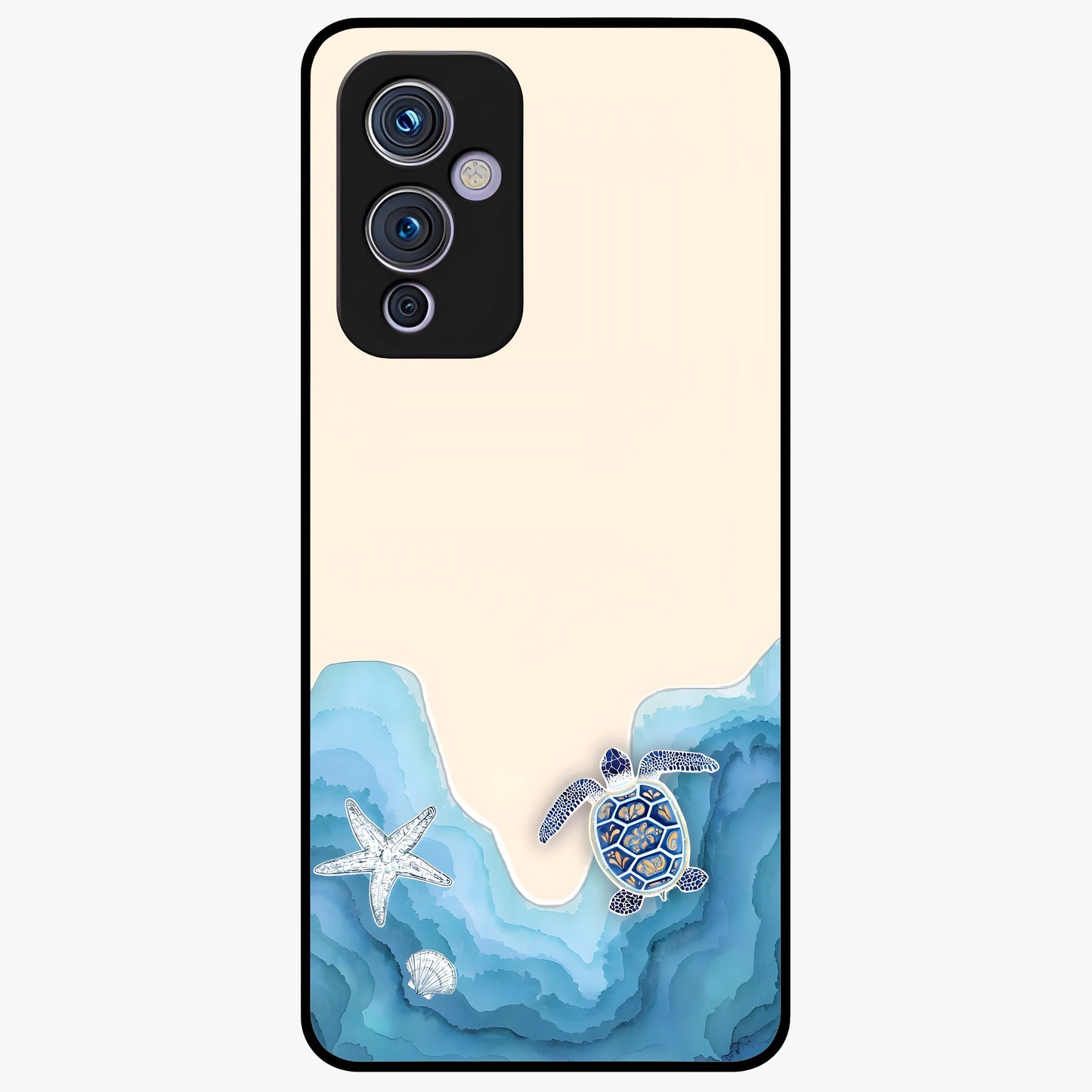 Ocean Drift Turtle Glass Case showing flat back view with sea turtle artwork and glossy glass finish.