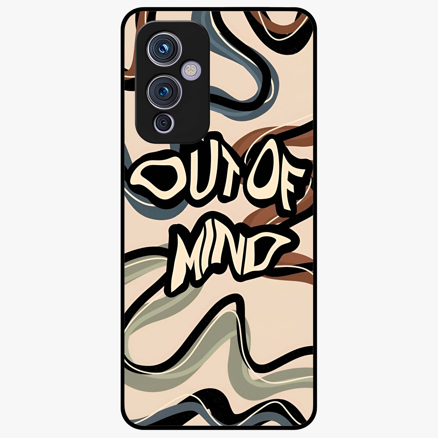 Out Of Mind Glass Case showing flat back view with expressive typography artwork and glossy glass finish.