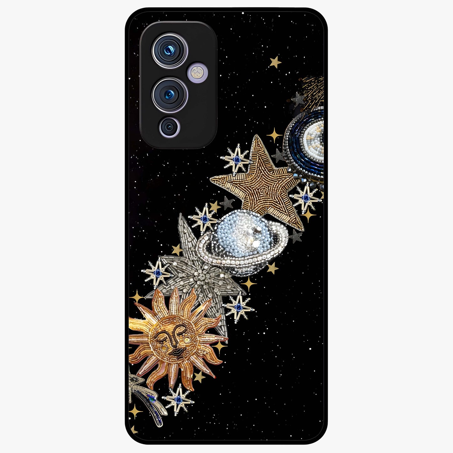 Pearls Universe Object Glass Case showing flat back view with pearl inspired cosmic artwork and glossy glass finish.