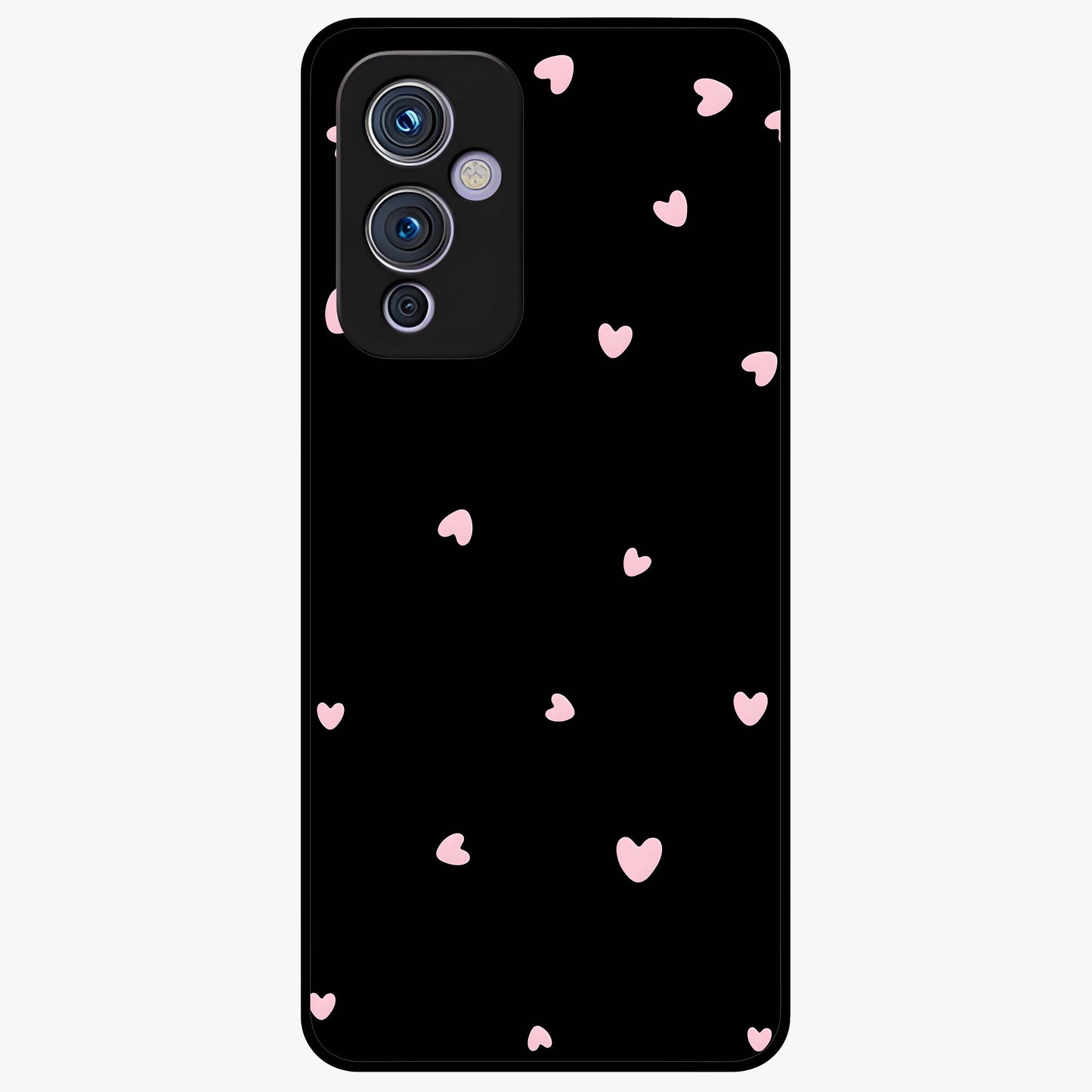 Pink Love Drops Glass Case showing flat back view with playful pink heart drops artwork and glossy glass finish.